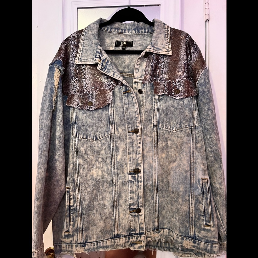 Boutique Brand Distressed oversized denim jacket with snakeskin sequins